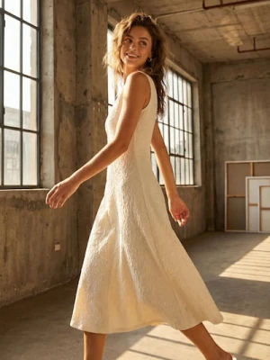 Sinsay - Strukturalna sukienka midi na ramiączkach - kremowy