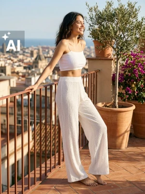 Sinsay - Strukturalne spodnie wide leg - kremowy