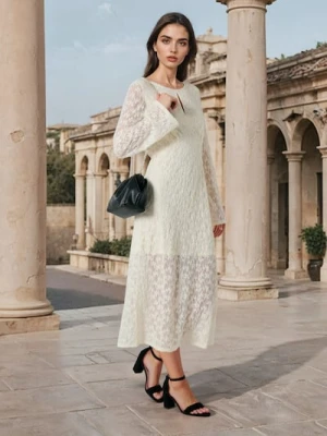 Sinsay - Sukienka maxi z koronkowej dzianiny i z rozszerzanym rękawem - kremowy