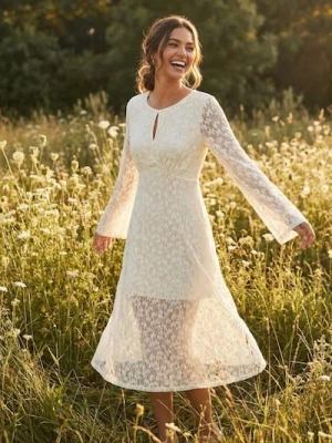 Sinsay - Sukienka maxi z koronkowej dzianiny i z rozszerzanym rękawem - kremowy