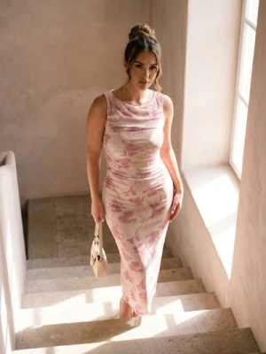 Sinsay - Sukienka maxi z marszczeniami w kwiaty - kremowy