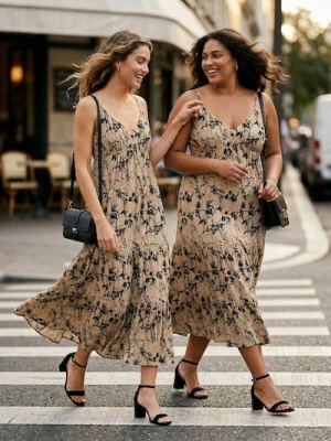 Sinsay - Sukienka midi na ramiączkach w kwiaty - beżowy