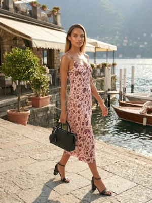 Sinsay - Sukienka midi na ramiączkach w kwiaty - bordowy