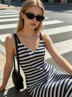 Sinsay - Sukienka midi na ramiączkach w paski - granatowy