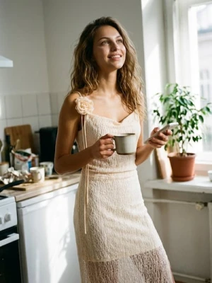 Sinsay - Sukienka midi na ramiączkach z elementem 3D w kształcie róży - kremowy