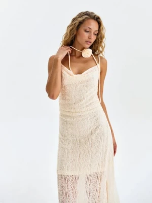 Sinsay - Sukienka midi na ramiączkach z elementem 3D w kształcie róży - kremowy