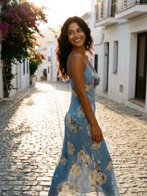 Sinsay - Sukienka midi na ramiączkach z elementem 3D w kształcie róży - wielobarwny