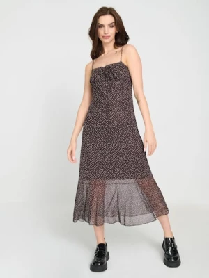 Sinsay - Sukienka midi na ramiączkach z ozdobnym dekoltem - brązowy