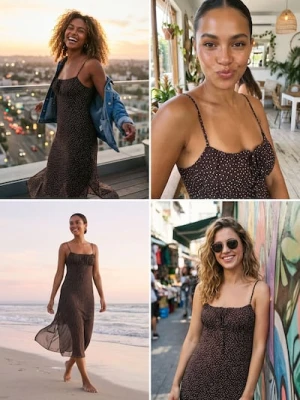 Sinsay - Sukienka midi na ramiączkach z ozdobnym dekoltem - brązowy