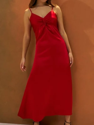 Sinsay - Sukienka midi na ramiączkach z ozdobnym marszczeniem - czerwony