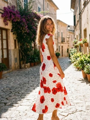 Sinsay - Sukienka midi w grochy z motywem maków - wielobarwny