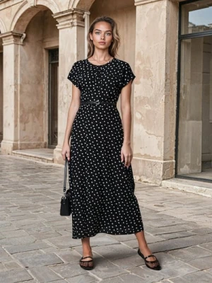 Sinsay - Sukienka midi w grochy z ozdobnym paskiem - wielobarwny