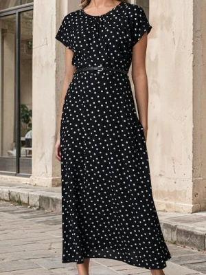 Sinsay - Sukienka midi w grochy z ozdobnym paskiem - wielobarwny