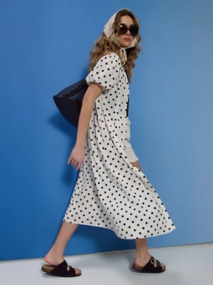 Sinsay - Sukienka midi w grochy z wiskozą i domieszką lnu - wielobarwny