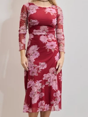 Sinsay - Sukienka midi w kwiaty - bordowy