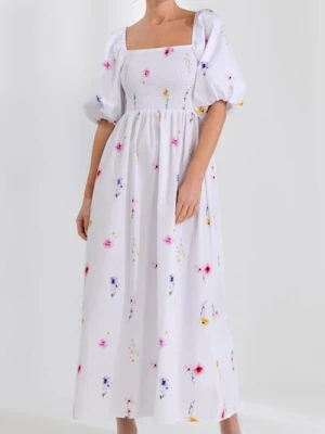 Sinsay - Sukienka midi w kwiaty z bufiastymi rękawami - wielobarwny