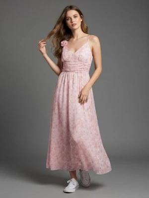 Sinsay - Sukienka midi w kwiaty z marszczeniami - wielobarwny