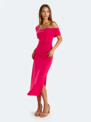 Sinsay - Sukienka midi z asymetrycznym dekoltem i marszczeniami - różowy