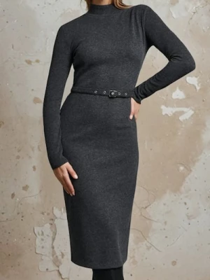 Sinsay - Sukienka midi z bawełną i ozdobnym paskiem - szary