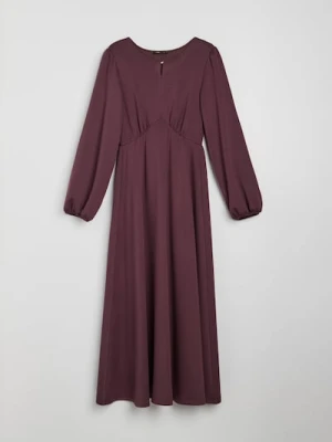 Sinsay - Sukienka midi z bufiastymi rękawami i marszczeniem z wiskozą - bordowy
