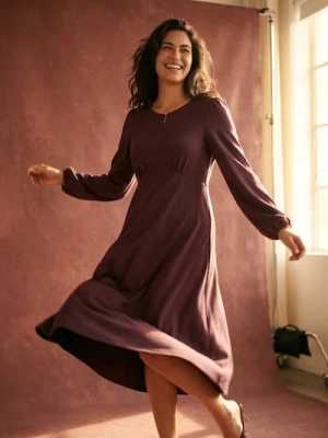 Sinsay - Sukienka midi z bufiastymi rękawami i marszczeniem z wiskozą - bordowy