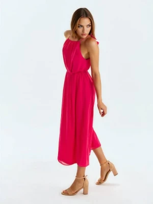 Sinsay - Sukienka midi z dekoracyjnym wiązaniem z motywem kwiatów - różowy