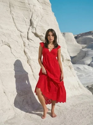 Sinsay - Sukienka midi z falbaną i ozdobnym wiązaniem na plecach - czerwony