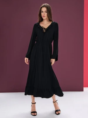 Sinsay - Sukienka midi z falbanami i wiązaniem przy dekolcie - czarny