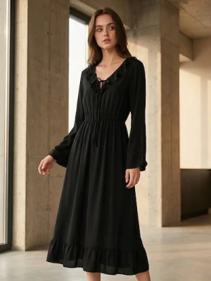 Sinsay - Sukienka midi z falbanami i wiązaniem przy dekolcie - czarny
