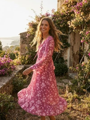 Sinsay - Sukienka midi z falbanami i wiązaniem przy dekolcie - wielobarwny