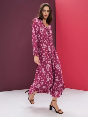 Sinsay - Sukienka midi z falbanami i wiązaniem przy dekolcie - wielobarwny