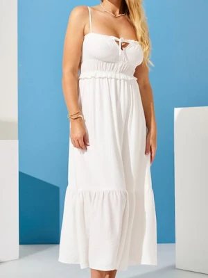 Sinsay - Sukienka midi z falbanami z dekoracyjnym dekoltem - biały