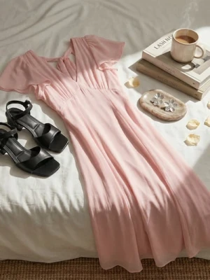 Sinsay - Sukienka midi z głębokim dekoltem na plecach, z wiskozą - różowy