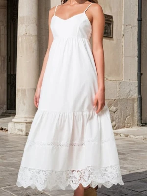 Sinsay - Sukienka midi z koronkowym wykończeniem - biały