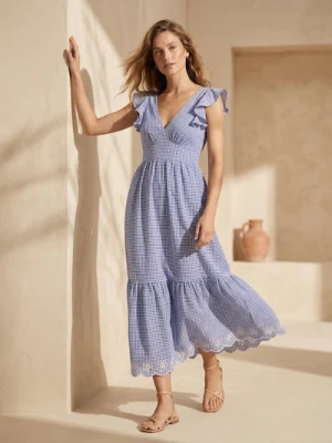 Sinsay - Sukienka midi z marszczeniami i falbankami w kratkę - niebieski