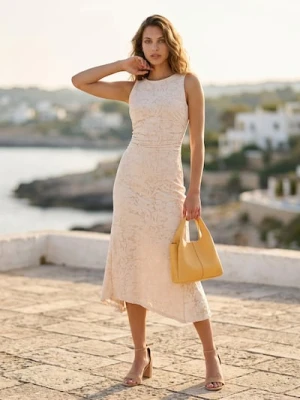 Sinsay - Sukienka midi z marszczeniami i strukturalnym kwiatowym wzorem - kremowy