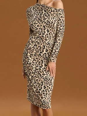 Sinsay - Sukienka midi z marszczeniami w panterkę - wielobarwny