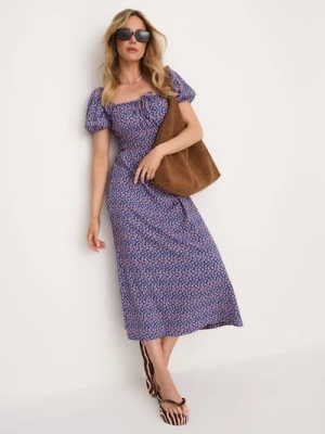 Sinsay - Sukienka midi z marszczeniem i bufkami w kwiaty - wielobarwny