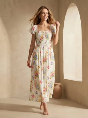 Sinsay - Sukienka midi z marszczeniem i wiskozą w kwiaty - wielobarwny