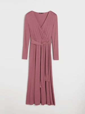 Sinsay - Sukienka midi z ozdobnym wiązaniem z domieszką wiskozy - różowy