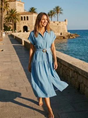 Sinsay - Sukienka midi z paskiem i kołnierzykiem z lyocellu - niebieski