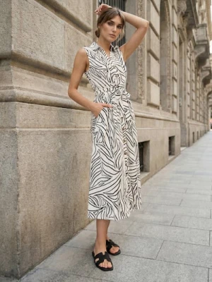 Sinsay - Sukienka midi z paskiem w abstrakcyjny wzór z wiskozą i domieszką lnu - wielobarwny