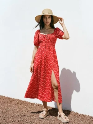 Sinsay - Sukienka midi z rozcięciem w kwiatowy wzór - czerwony