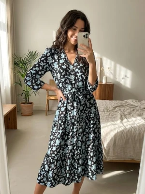 Sinsay - Sukienka midi z wiskozą w kwiatowy wzór - wielobarwny