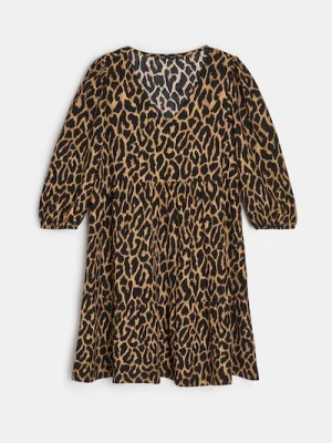 Sinsay - Sukienka mini babydoll w panterkę - brązowy