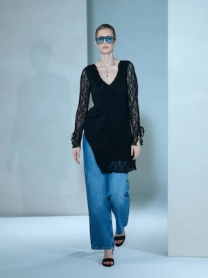 Sinsay - Sukienka mini babydoll z koronką - czarny