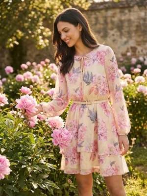 Sinsay - Sukienka mini w kwiaty z paskiem - wielobarwny