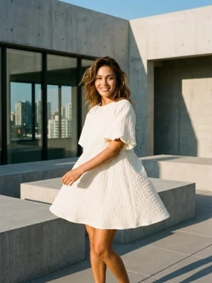 Sinsay - Sukienka mini z bufiastym rękawem - kremowy