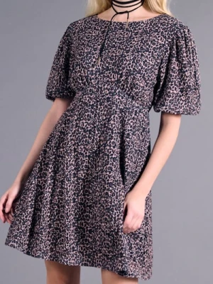 Sinsay - Sukienka mini z bufiastymi rękawami w panterkę - wielobarwny