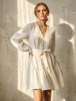 Sinsay - Sukienka mini z dekoltem V z paskiem z wiskozą i domieszką lnu - kremowy